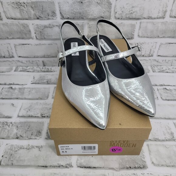 Pristine Steve Madden Anyaa Crinkle Silver Sling Back Pointed Toe Flats Size 8.5 - Picture 1 of 6